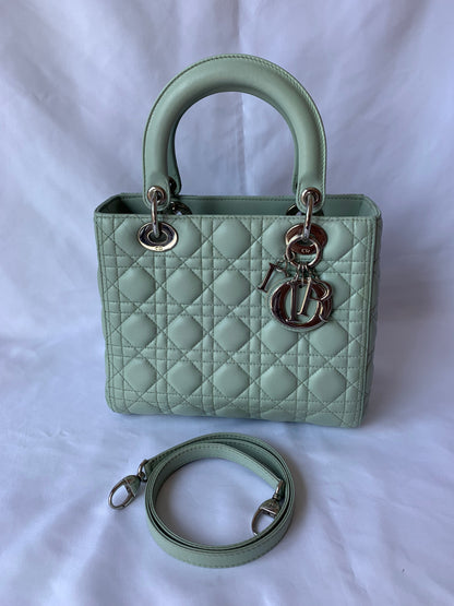 Lady Dior Medium Mint Cannage Lambskin Leather with silver hardware and strap