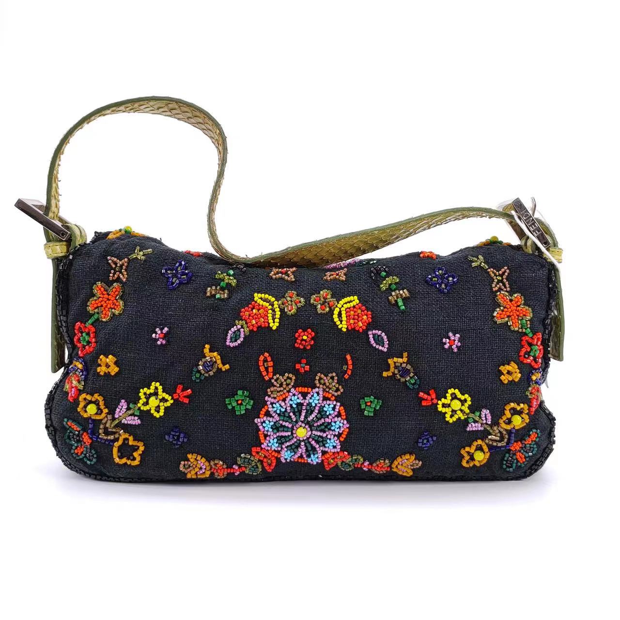 FENDI Baguette Black Canvas with beaded Flower Embroidery