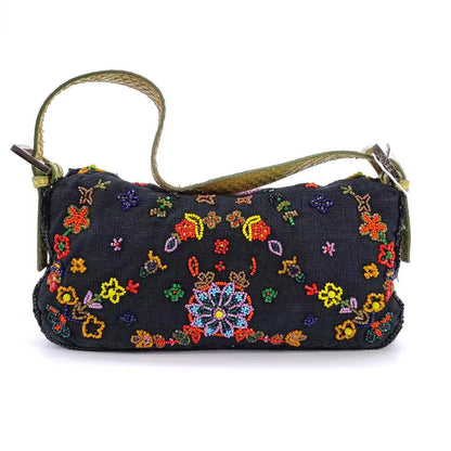 FENDI Baguette Black Canvas with beaded Flower Embroidery