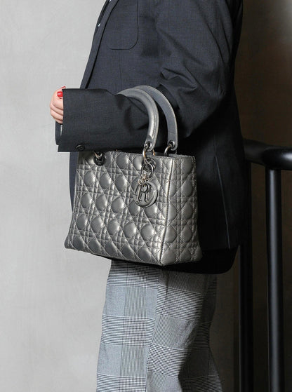 Lady Dior Medium Calfskin Leather Gunmetal Silver Grey