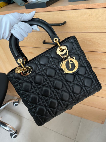 Lady Dior Medium Black Cannage Lambskin Leather with gold hardware