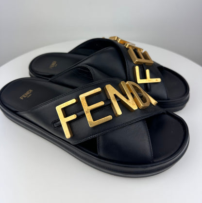 Fendi Vitello Logo Black Leather Sandals