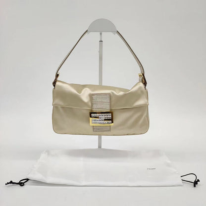 FENDI Baguette Cream Biege Silk with Crystal Buckle