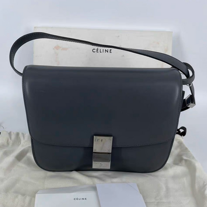 CELINE Classic Flap Grey Box Leather crossbody bag gold hardware and adjustable strap