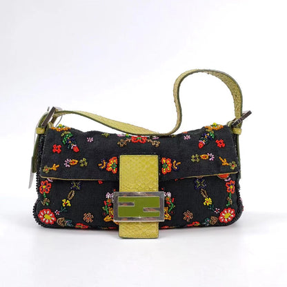 FENDI Baguette Black Canvas with beaded Flower Embroidery