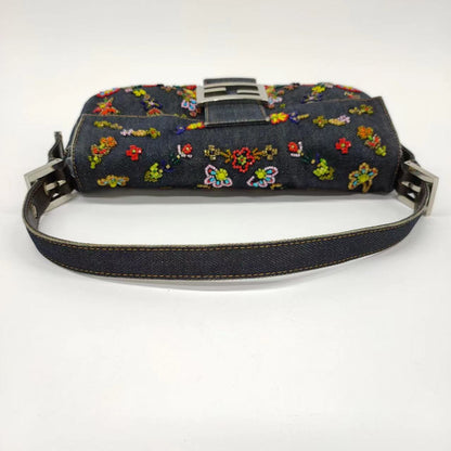 FENDI Baguette Blue Denim with beaded Flower Embroidery