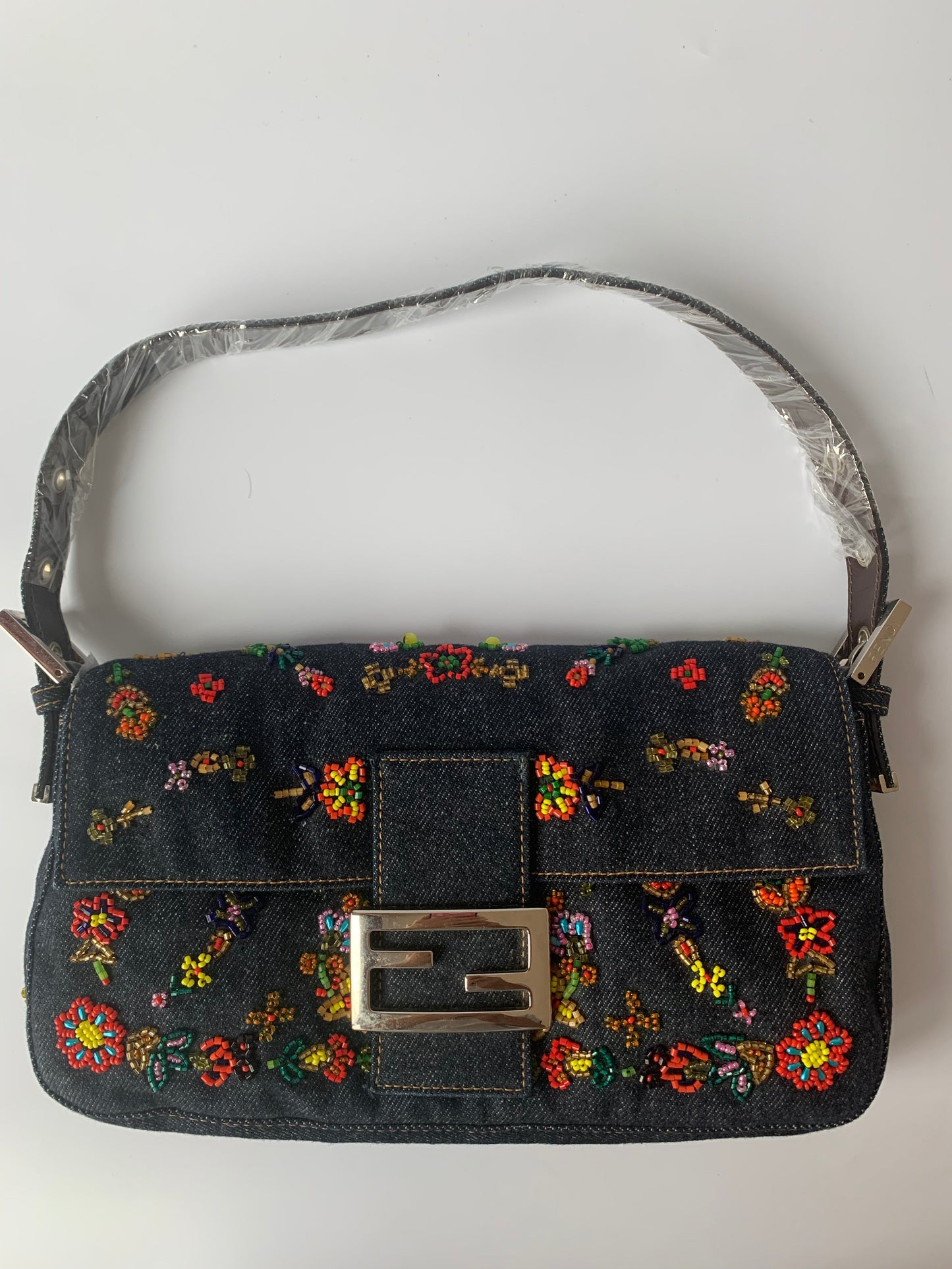 FENDI Baguette Blue Denim with beaded Flower Embroidery
