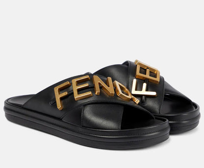 Fendi Vitello Logo Black Leather Sandals