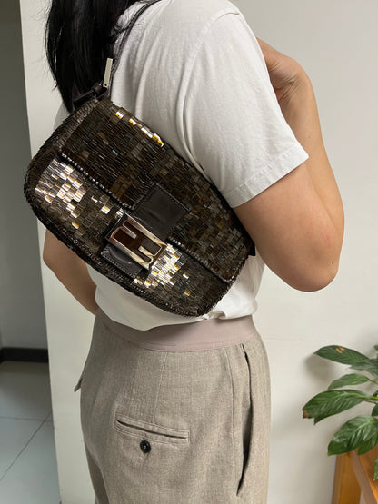 FENDI Baguette chocolate brown sequins excellent condition