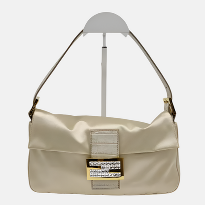 FENDI Baguette Cream Biege Silk with Crystal Buckle