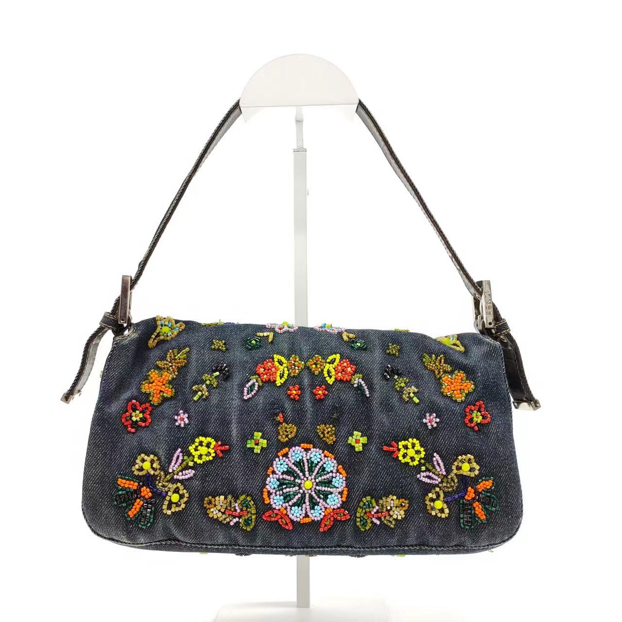 FENDI Baguette Blue Denim with beaded Flower Embroidery