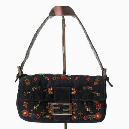 FENDI Baguette Blue Denim with beaded Flower Embroidery