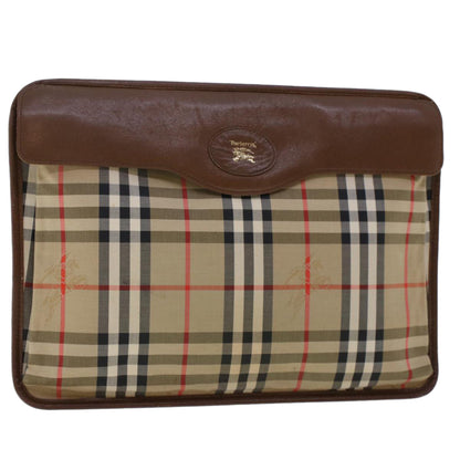 Luxury BurberrySs Nova Check Clutch Bag Nylon Leather Beige Auth ki3144