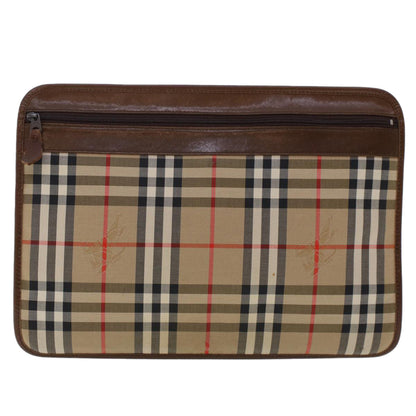 Luxury BurberrySs Nova Check Clutch Bag Nylon Leather Beige Auth ki3144
