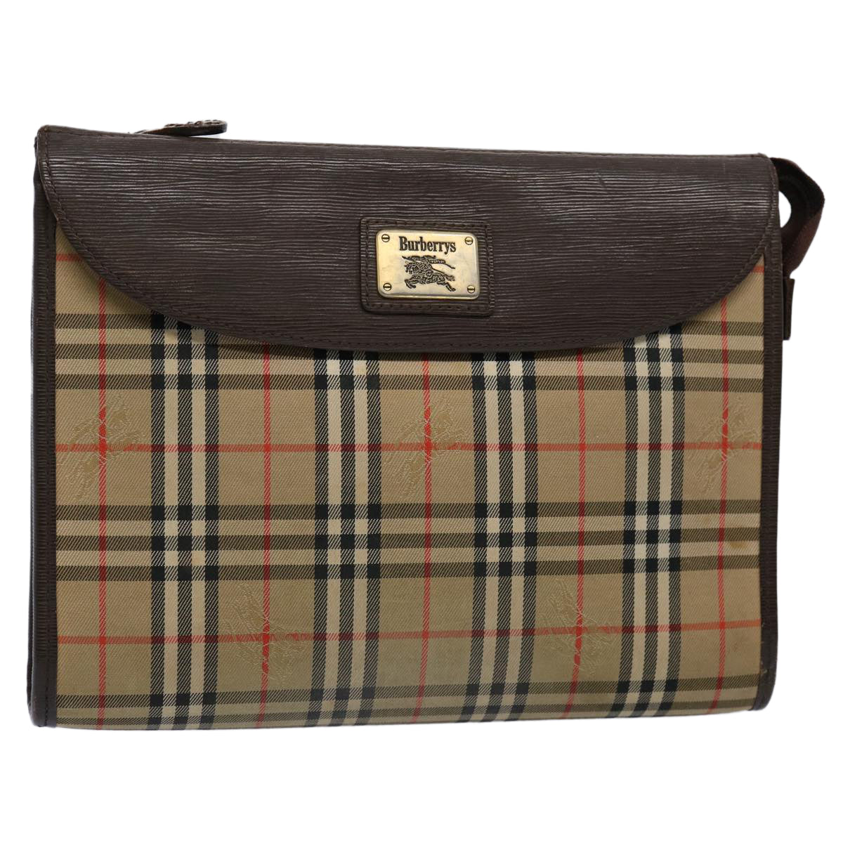 Luxury BurberrySs Nova Check Clutch Bag Nylon Canvas Brown Auth ki3865