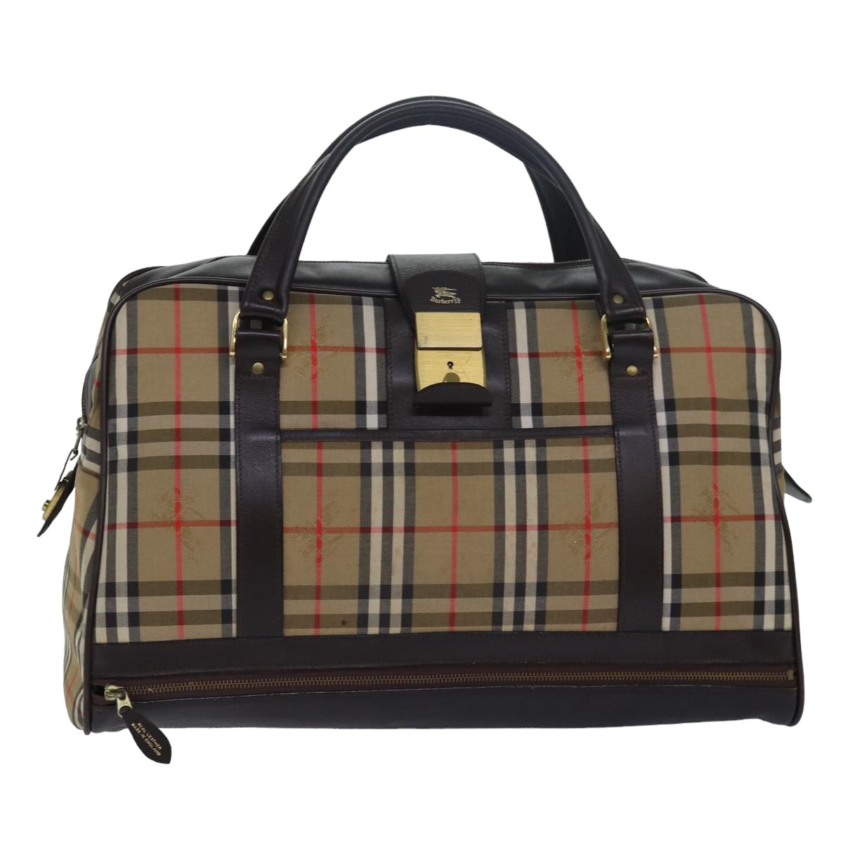 Luxury BurberrySs Nova Check Boston Bag Canvas Brown Beige Auth ki4621