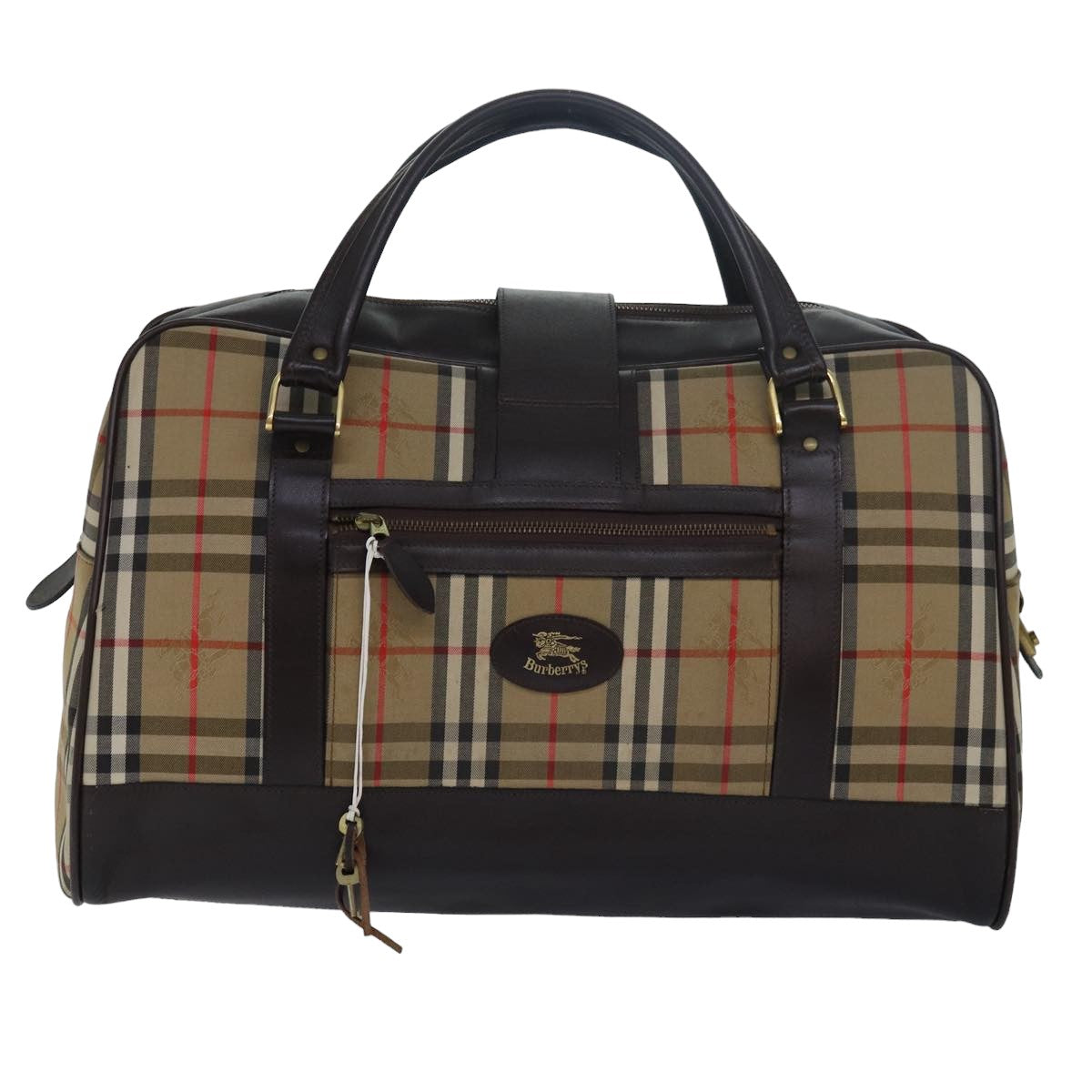 Luxury BurberrySs Nova Check Boston Bag Canvas Brown Beige Auth ki4621