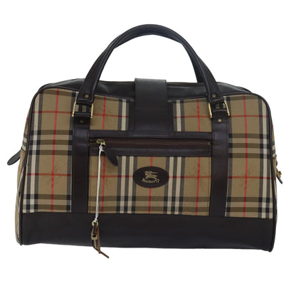 Luxury BurberrySs Nova Check Boston Bag Canvas Brown Beige Auth ki4621