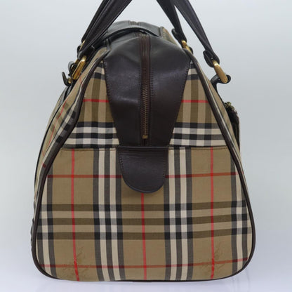 Luxury BurberrySs Nova Check Boston Bag Canvas Brown Beige Auth ki4621