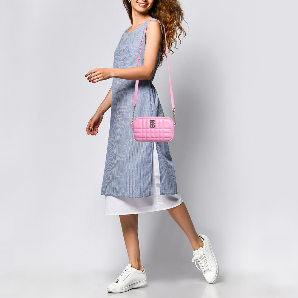 Luxury Burberry Pink Quilted Leather Mini Lola Camera Bag