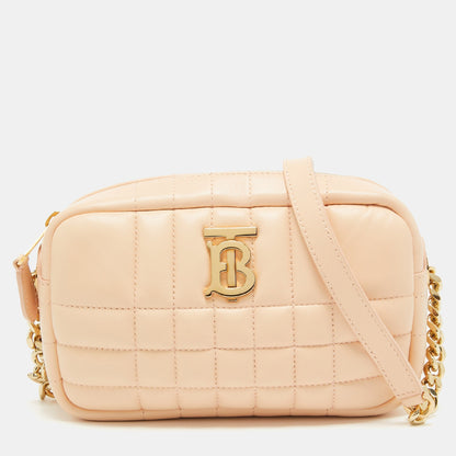 Luxury Burberry Peach Pink Quilted Leather Mini Lola Camera Bag