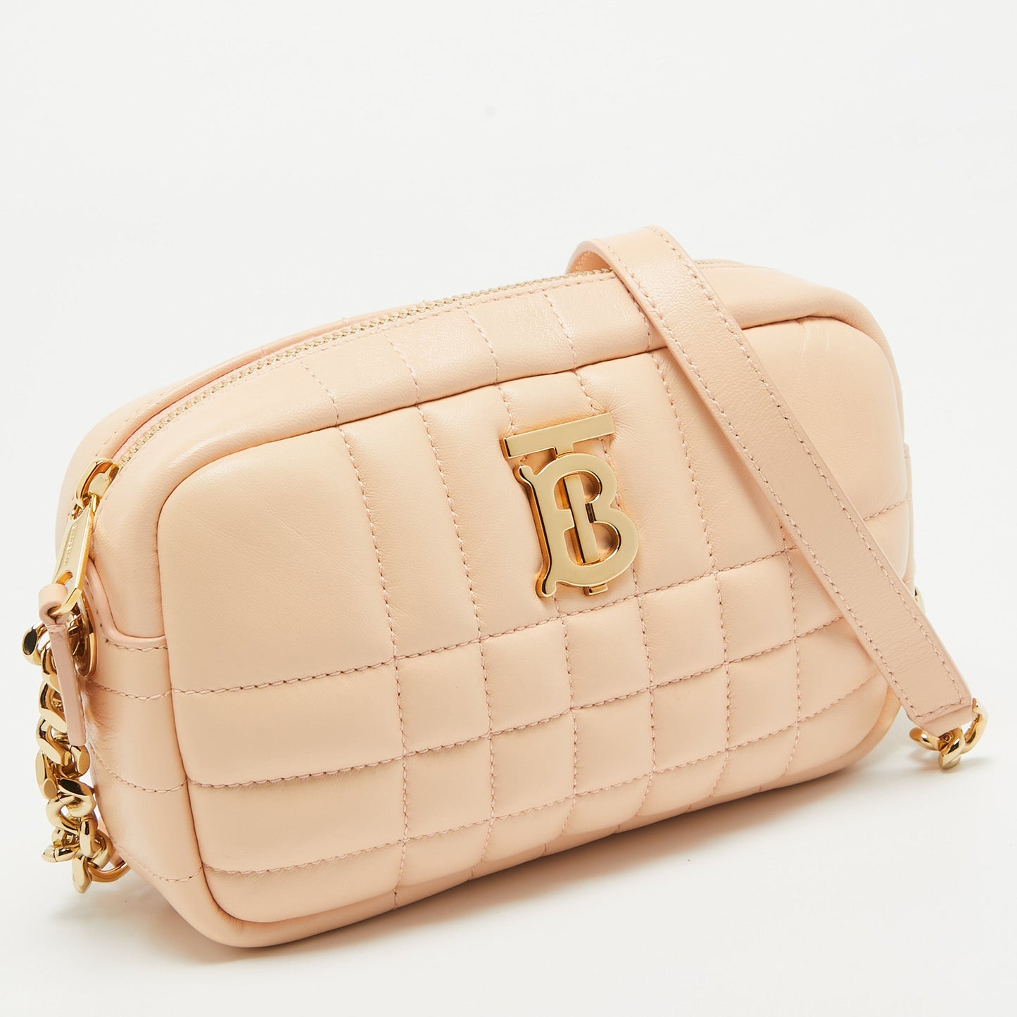 Luxury Burberry Peach Pink Quilted Leather Mini Lola Camera Bag