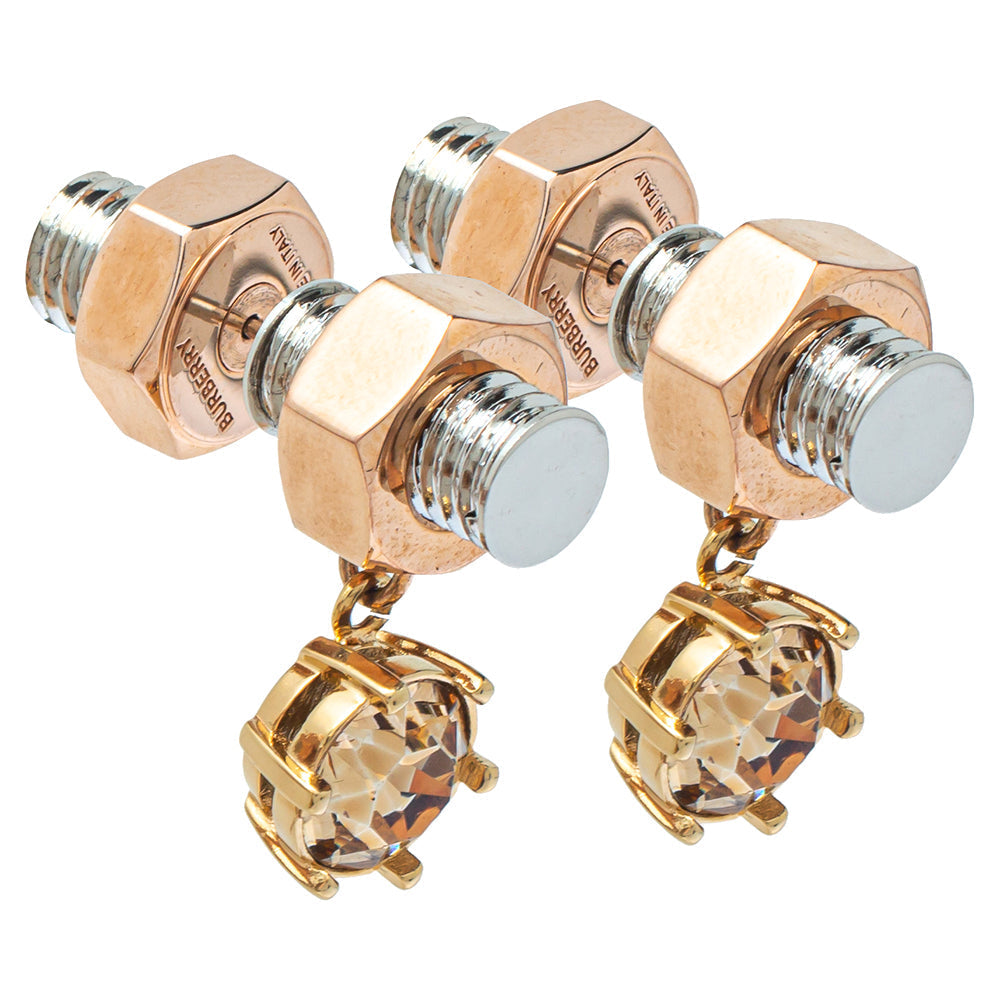 Luxury Burberry Two Tone Crystal Nut & Bolt Drop Earrings