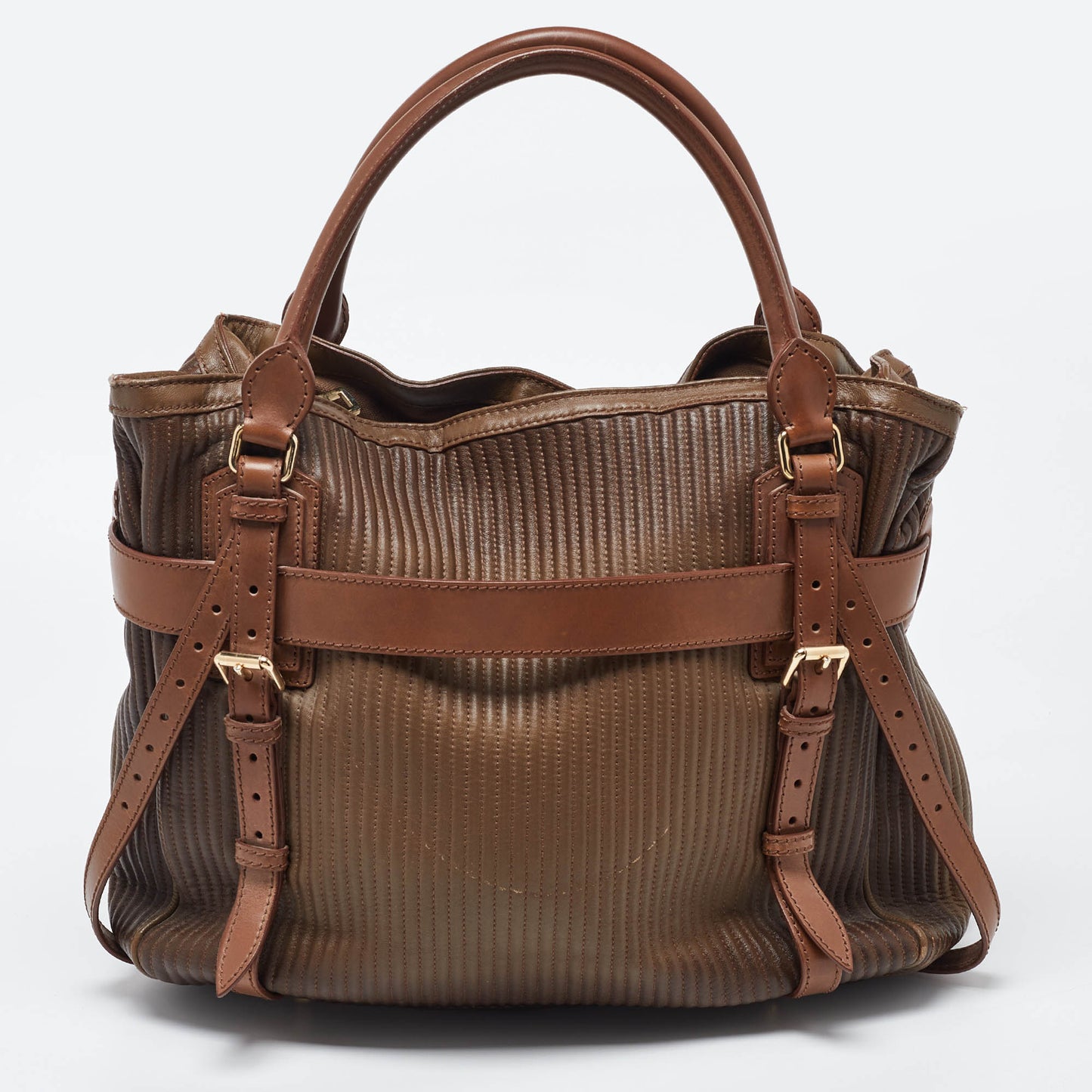 Luxury Burberry Two Tone Brown Leather Stitched Bridle Tote
