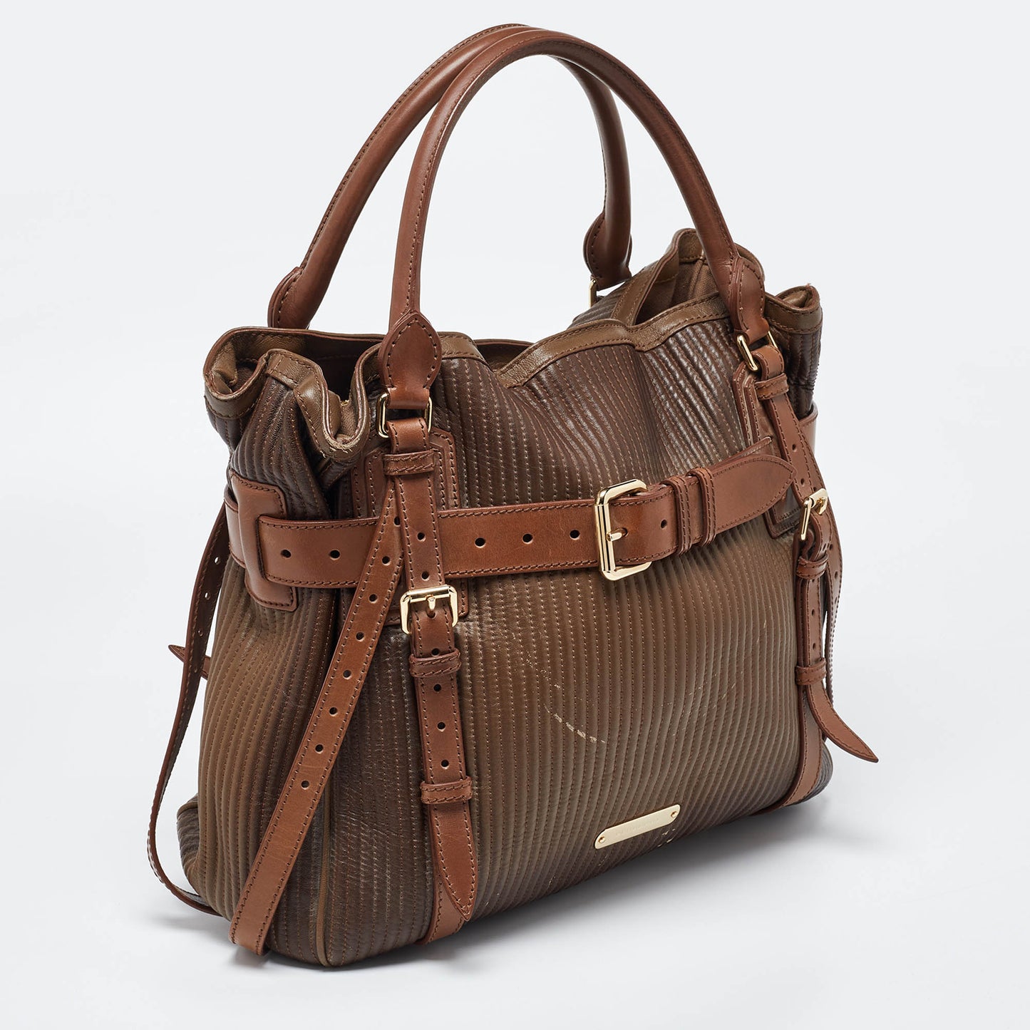 Luxury Burberry Two Tone Brown Leather Stitched Bridle Tote