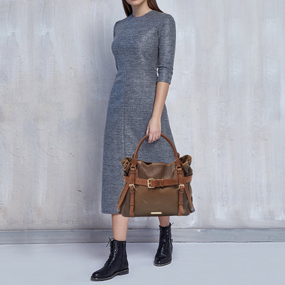 Luxury Burberry Two Tone Brown Leather Stitched Bridle Tote