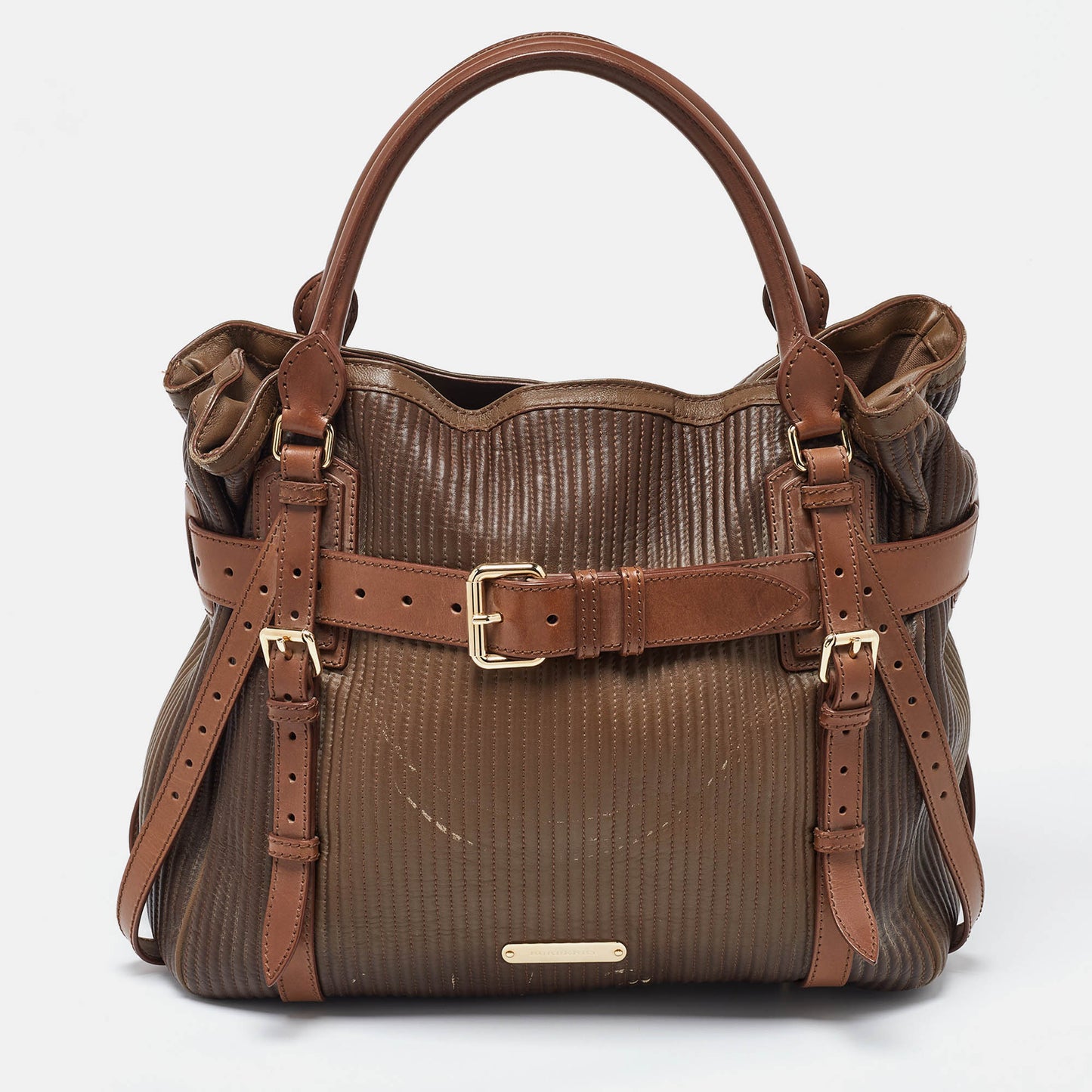 Luxury Burberry Two Tone Brown Leather Stitched Bridle Tote
