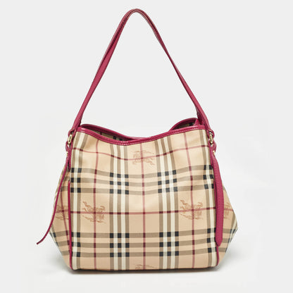 Luxury Burberry Pink/Beige Haymarket Check Coated Canvas and Leather Small Canterbury Tote