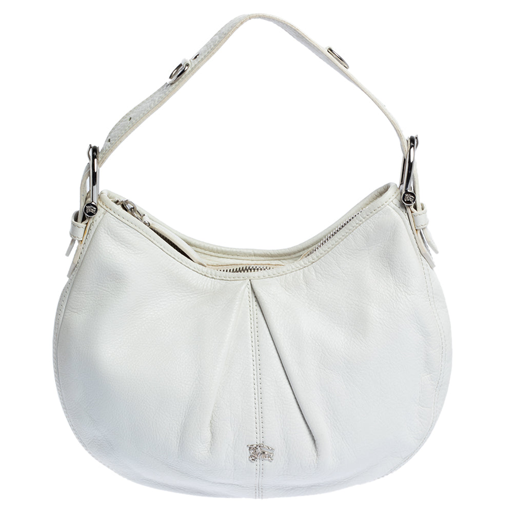 Luxury Burberry White Leather Small Malika Hobo