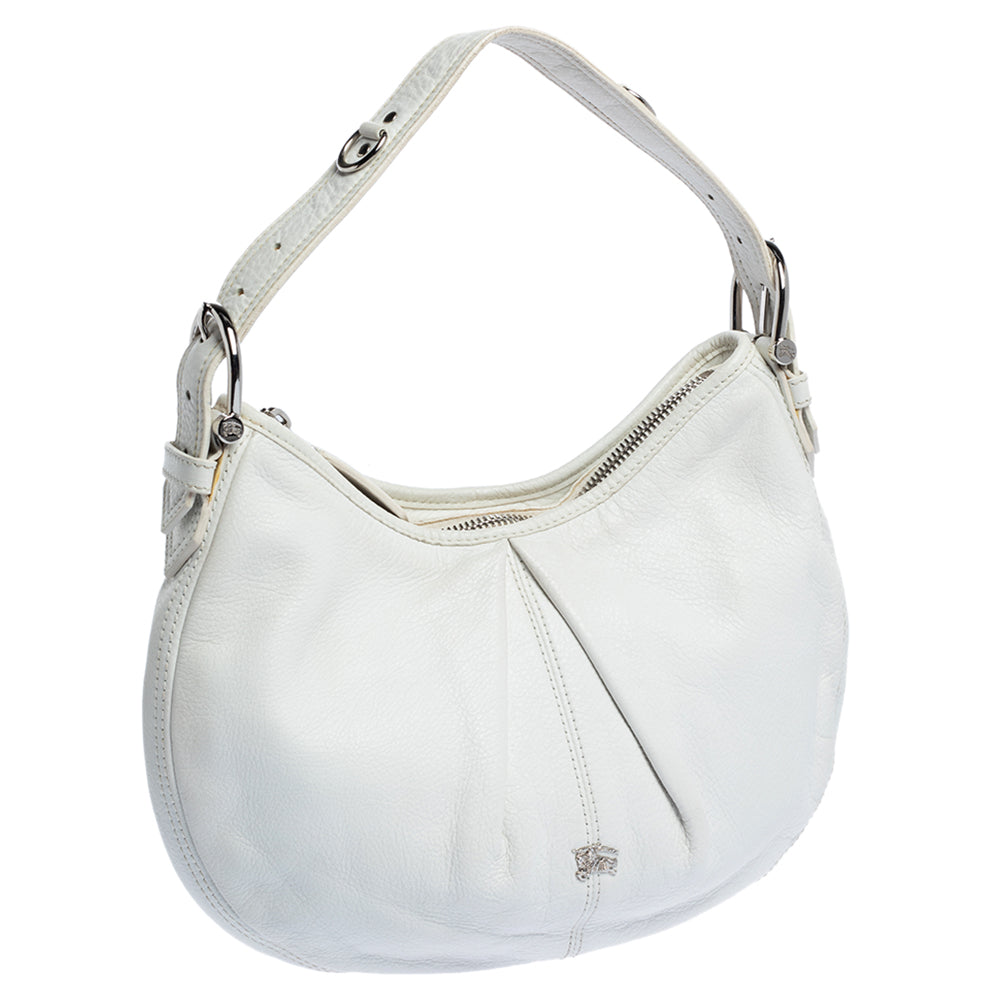 Luxury Burberry White Leather Small Malika Hobo