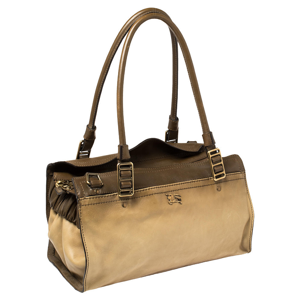 Luxury Burberry Two Tone Brown Leather Satchel