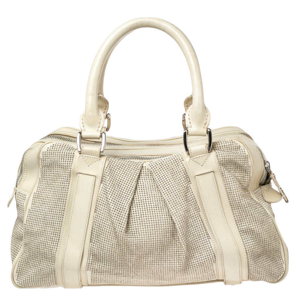 Luxury Burberry Off White Leather Studded Ashbury Knight Satchel