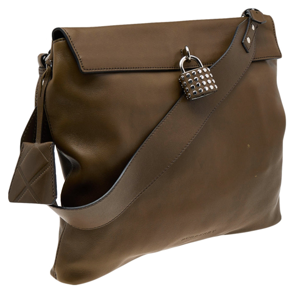 Luxury Burberry Olive Green Leather Studded Lock Messenger Bag