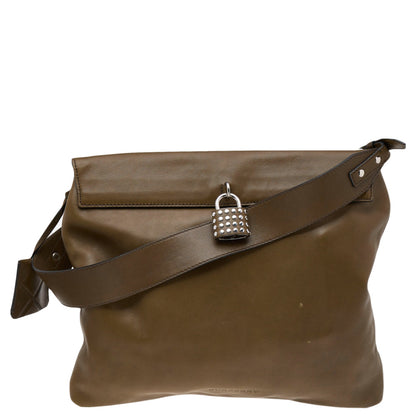 Luxury Burberry Olive Green Leather Studded Lock Messenger Bag