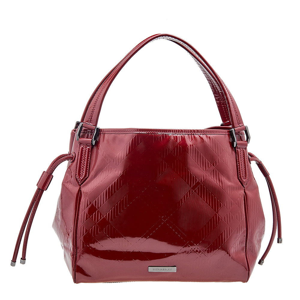 Luxury Burberry Red Check Embossed Patent Leather Bilmore Tote