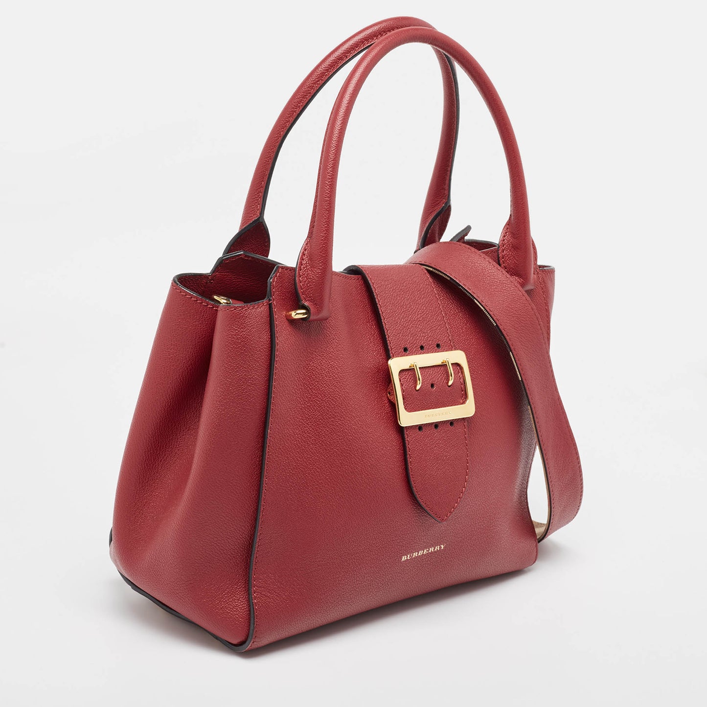 Luxury Burberry Red Leather Buckle Tote