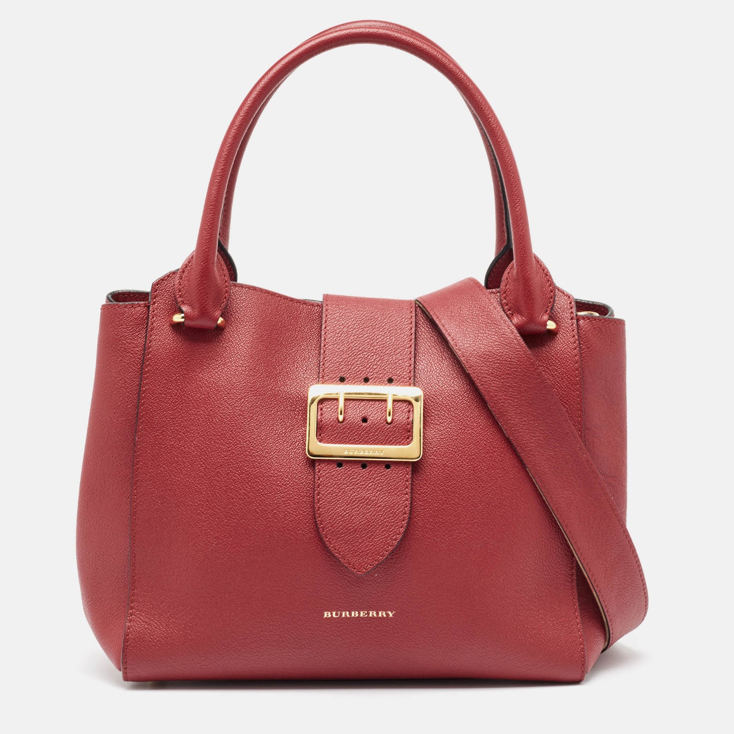Luxury Burberry Red Leather Buckle Tote