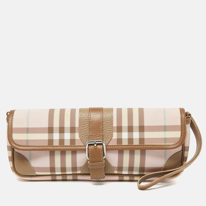 Luxury Burberry Pink/Beige House Check PVC and Leather Buckle Flap Wristlet Clutch