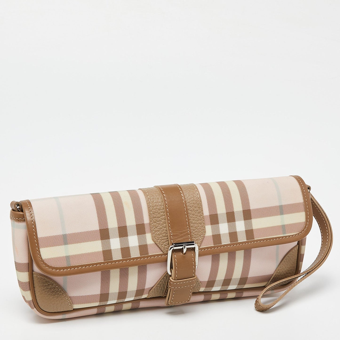 Luxury Burberry Pink/Beige House Check PVC and Leather Buckle Flap Wristlet Clutch