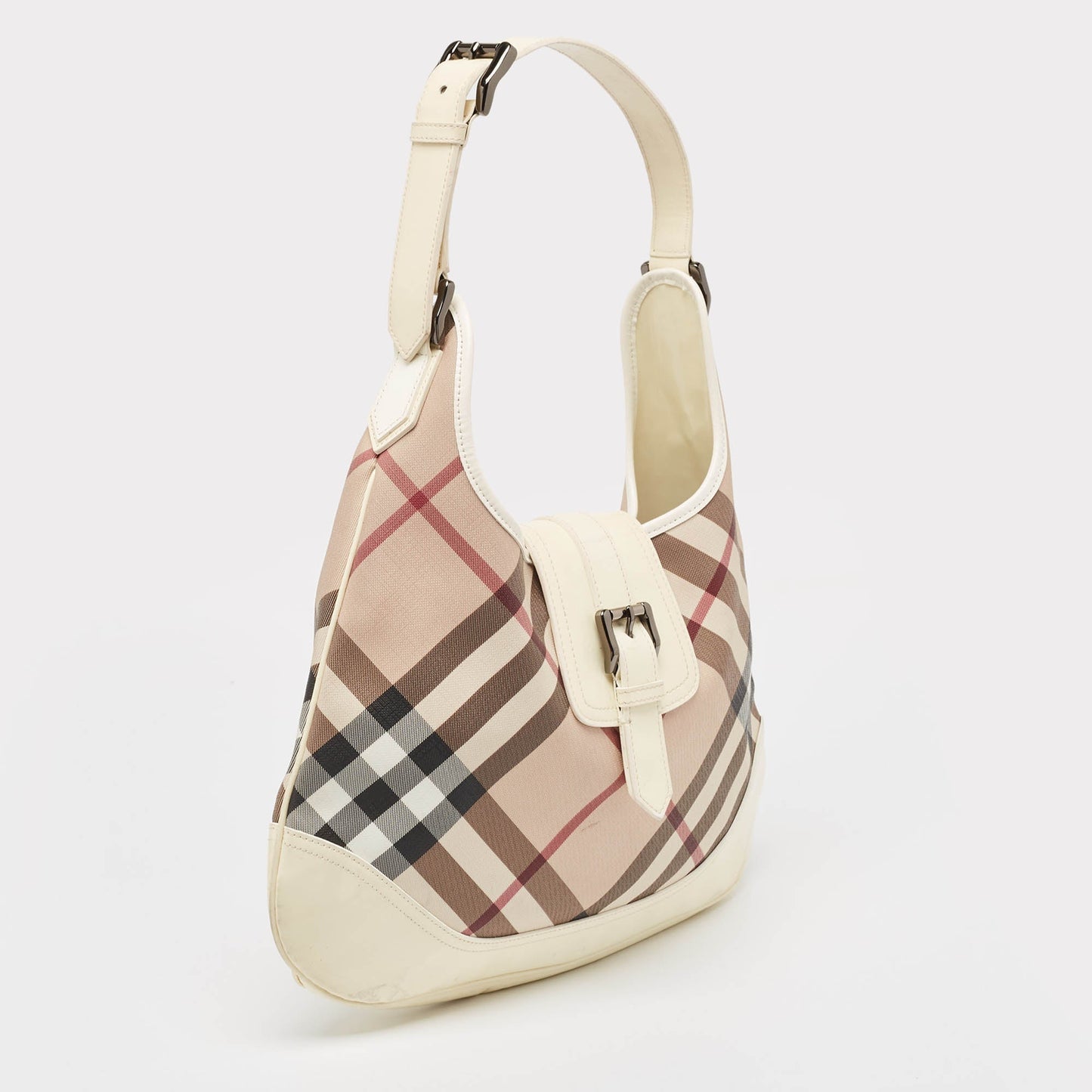Luxury Burberry White/Beige Nova Check PVC and Patent Leather Brooke Hobo