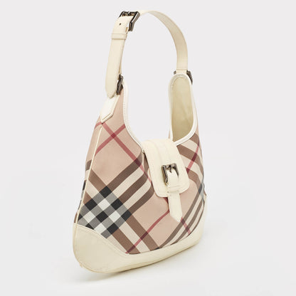 Luxury Burberry White/Beige Nova Check PVC and Patent Leather Brooke Hobo