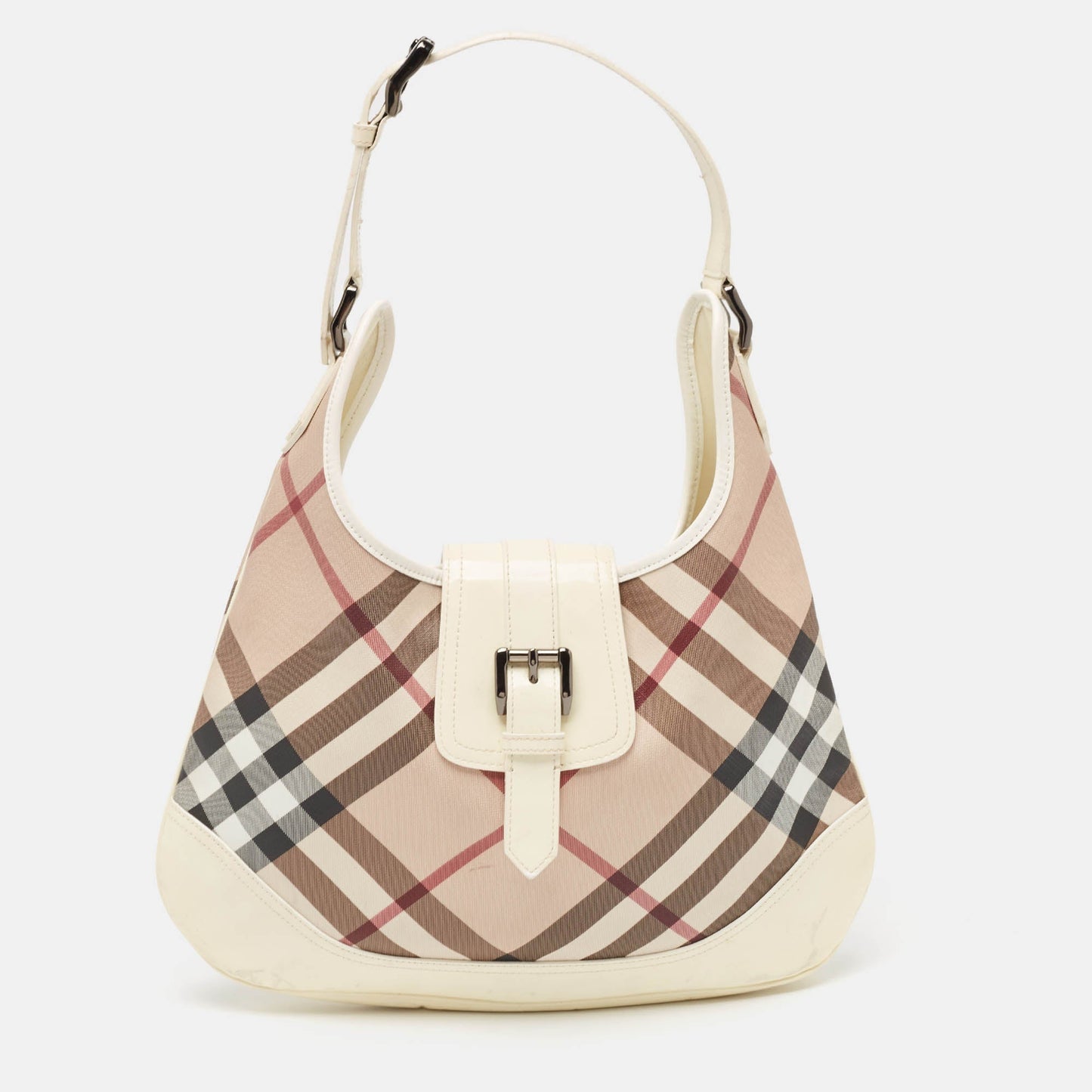 Luxury Burberry White/Beige Nova Check PVC and Patent Leather Brooke Hobo