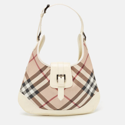 Luxury Burberry White/Beige Nova Check PVC and Patent Leather Brooke Hobo