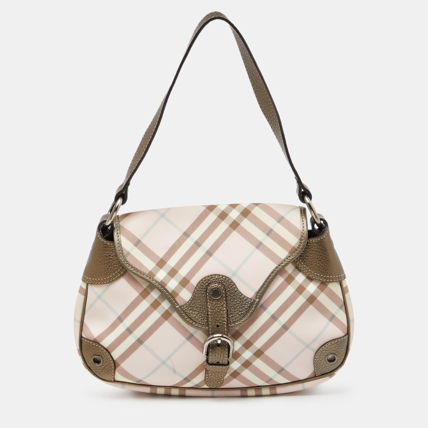 Luxury Burberry Pink/Metallic House Check PVC and Leather Buckle Flap Hobo