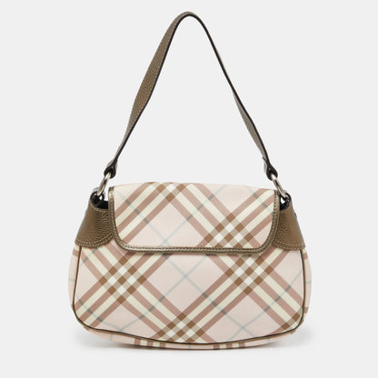 Luxury Burberry Pink/Metallic House Check PVC and Leather Buckle Flap Hobo