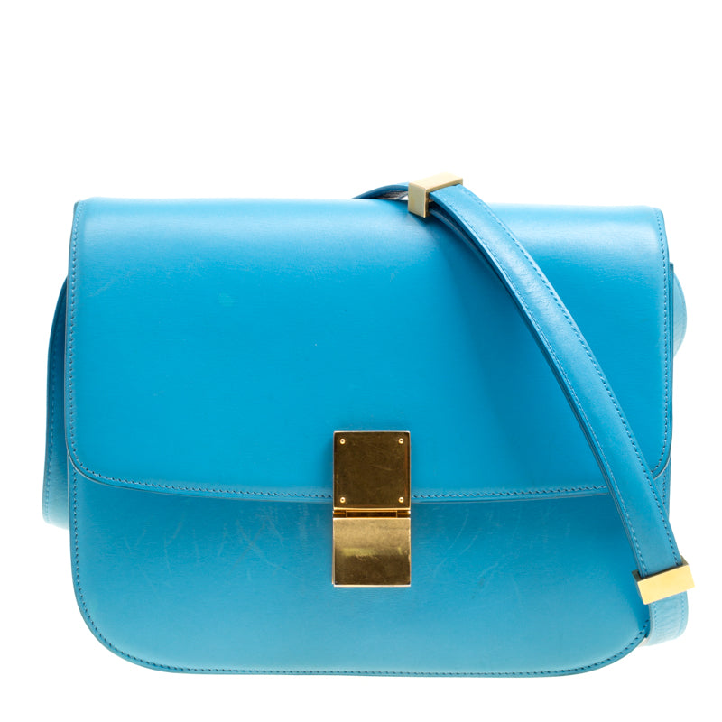 Luxury CELINE Turquoise Leather Medium Classic Box Shoulder Bag